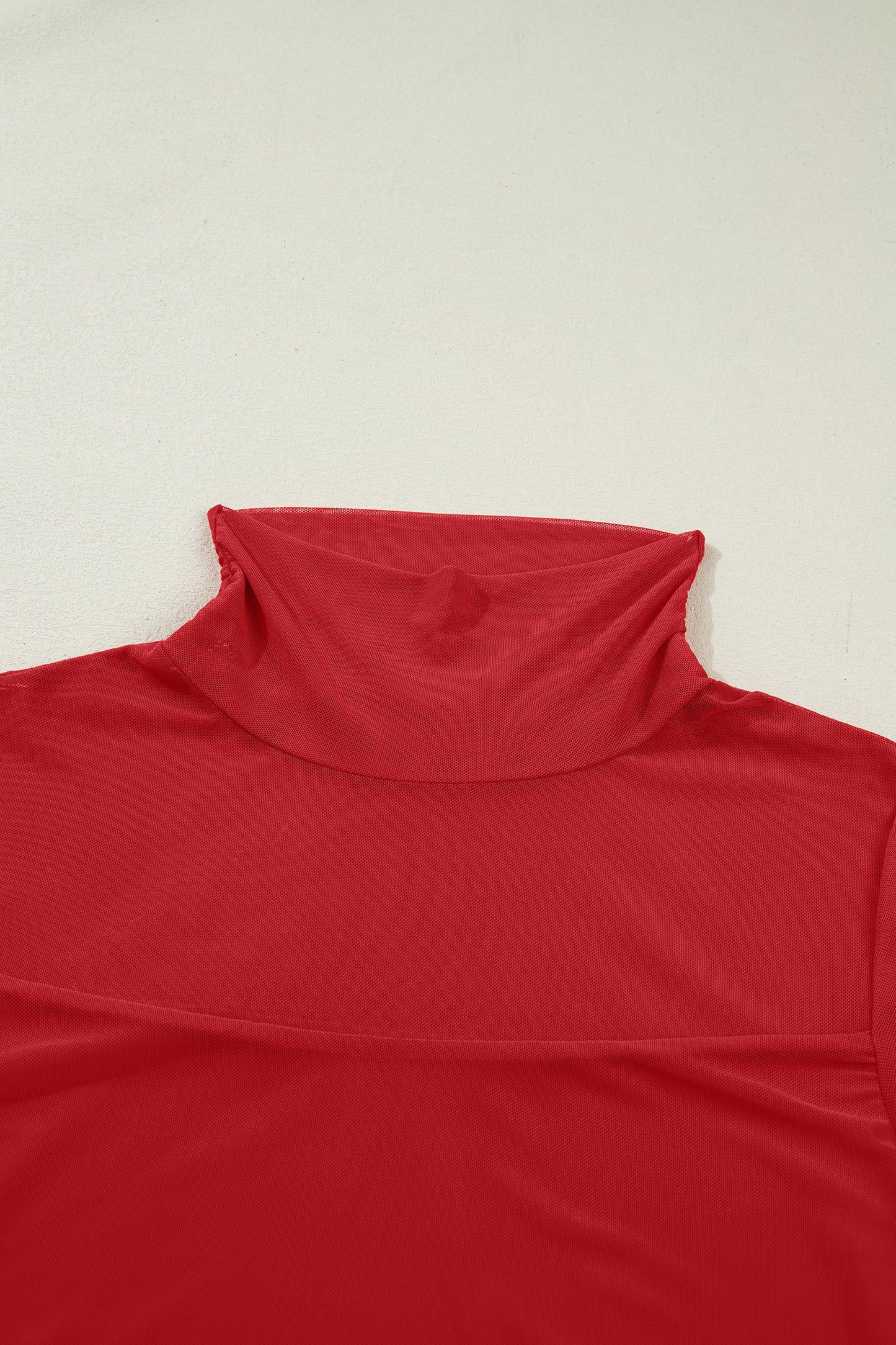 Stacey B's Fiery Red Sheer Mesh Patchwork High Neck Long Sleeve Top