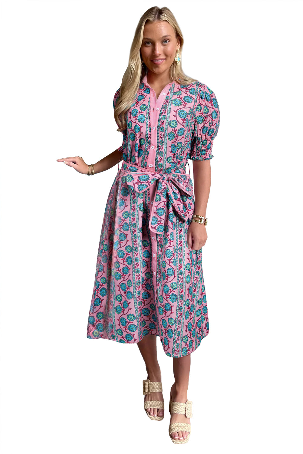 Stacey B's Pink Boho Floral Shirred Short Sleeve Belted Dress