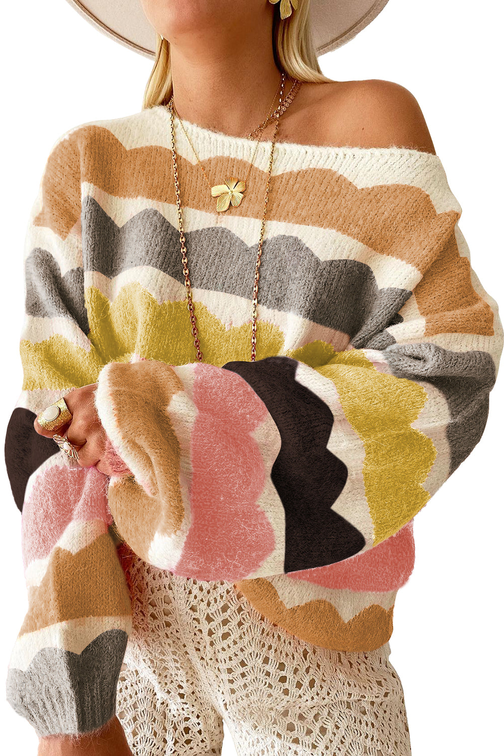 Stacey B's Gray Wave Striped Balloon Sleeve Drop Shoulder Sweater