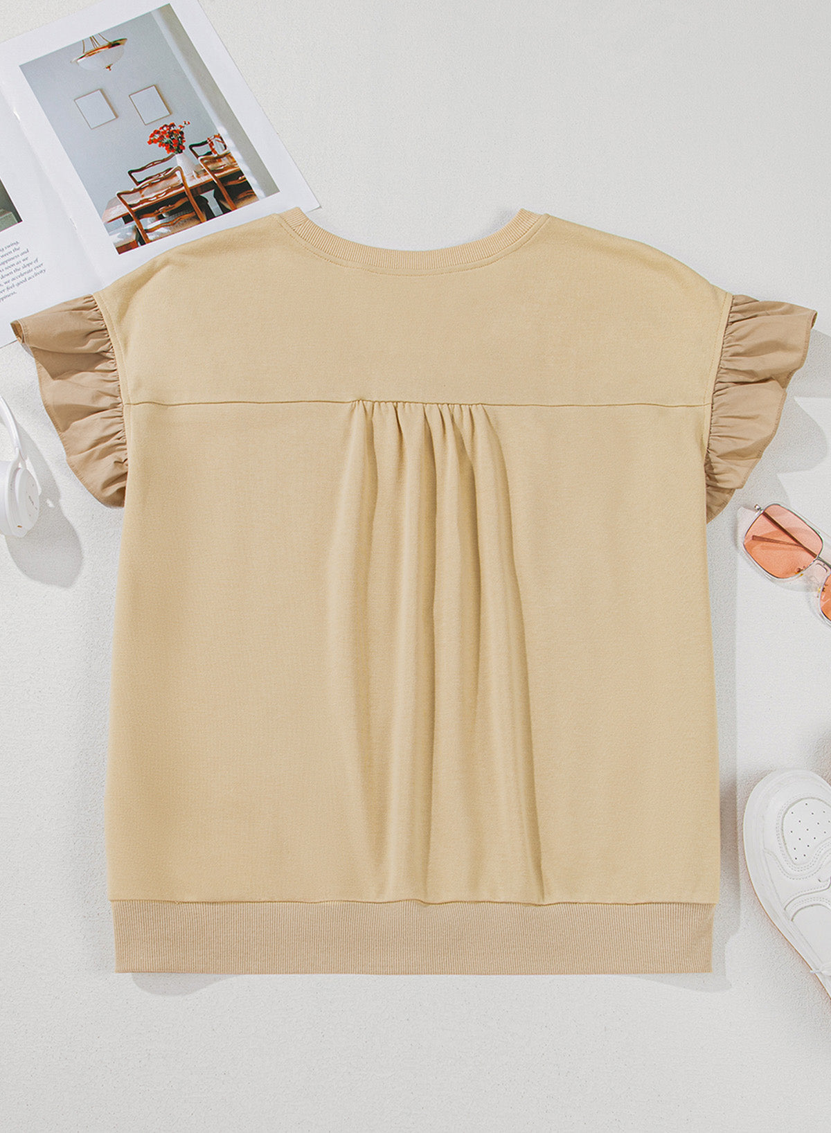 Stacey B's Parchment Ruffled Short Sleeve Bowknot Applique Crew Neck Plus Size Top