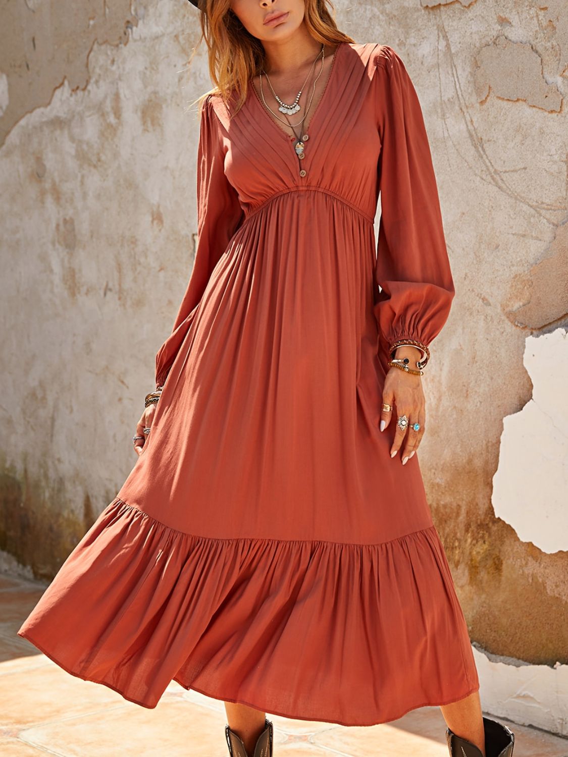 Stacey B's Ruched V-Neck Long Sleeve Midi Dress
