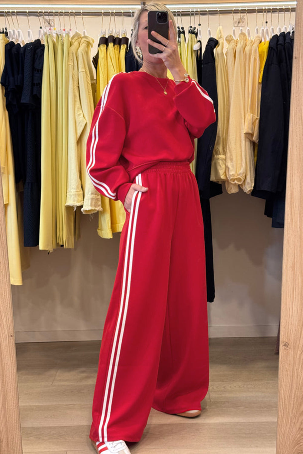 Stacey B's Fiery Red Varsity Striped Detail Cropped Pullover Wide Leg Pants 2pcs Outfit
