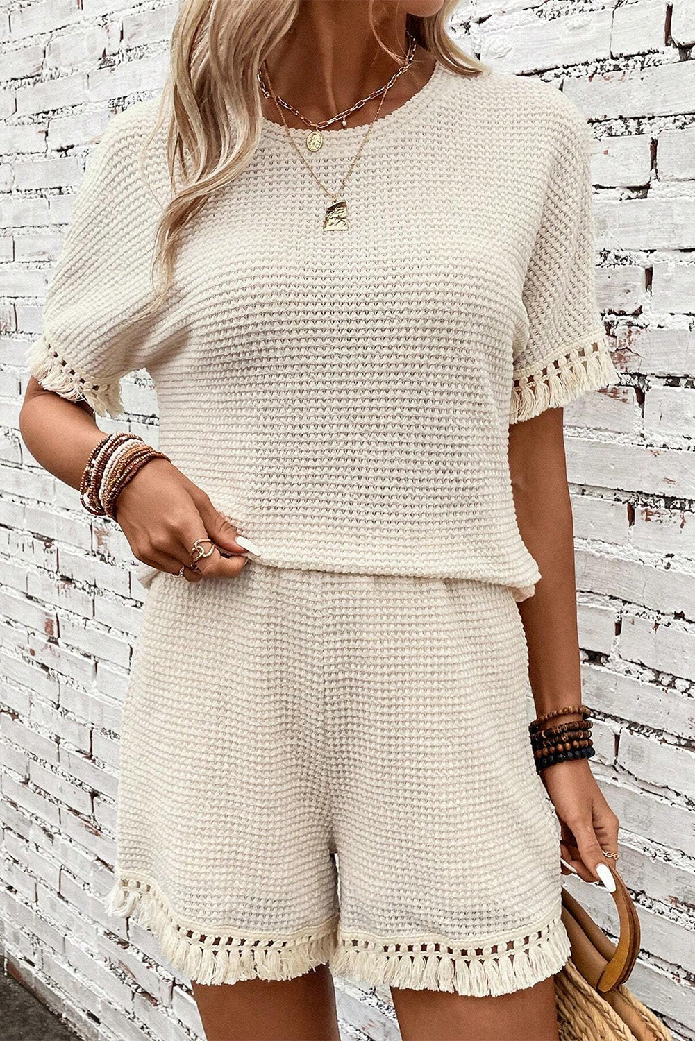 Stacey B's Beige Fringe Trim Waffle Knit Textured Shorts Set