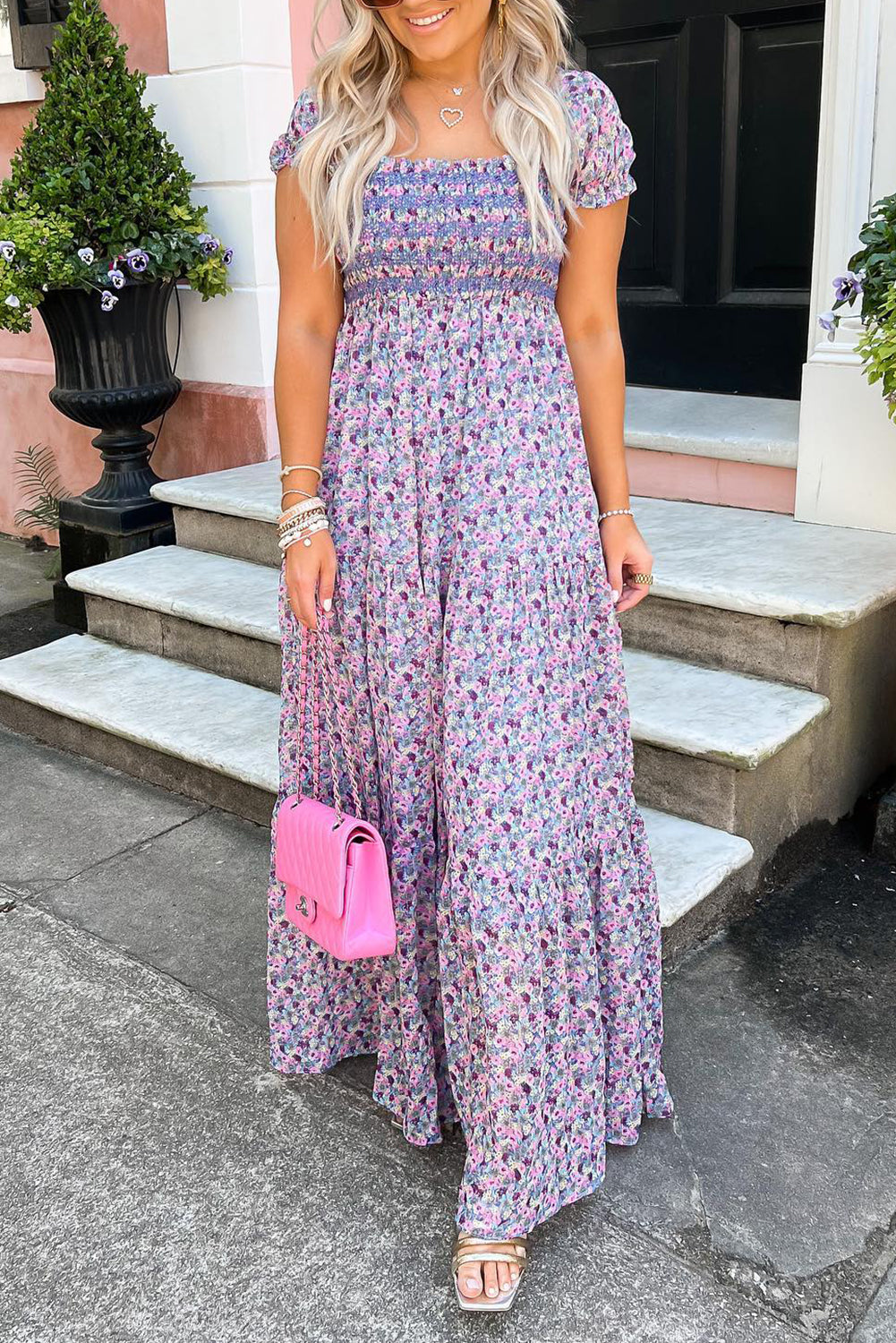 Stacey B's Purple Floral Short Bubble Sleeve Shirred High Waist Maxi Dress