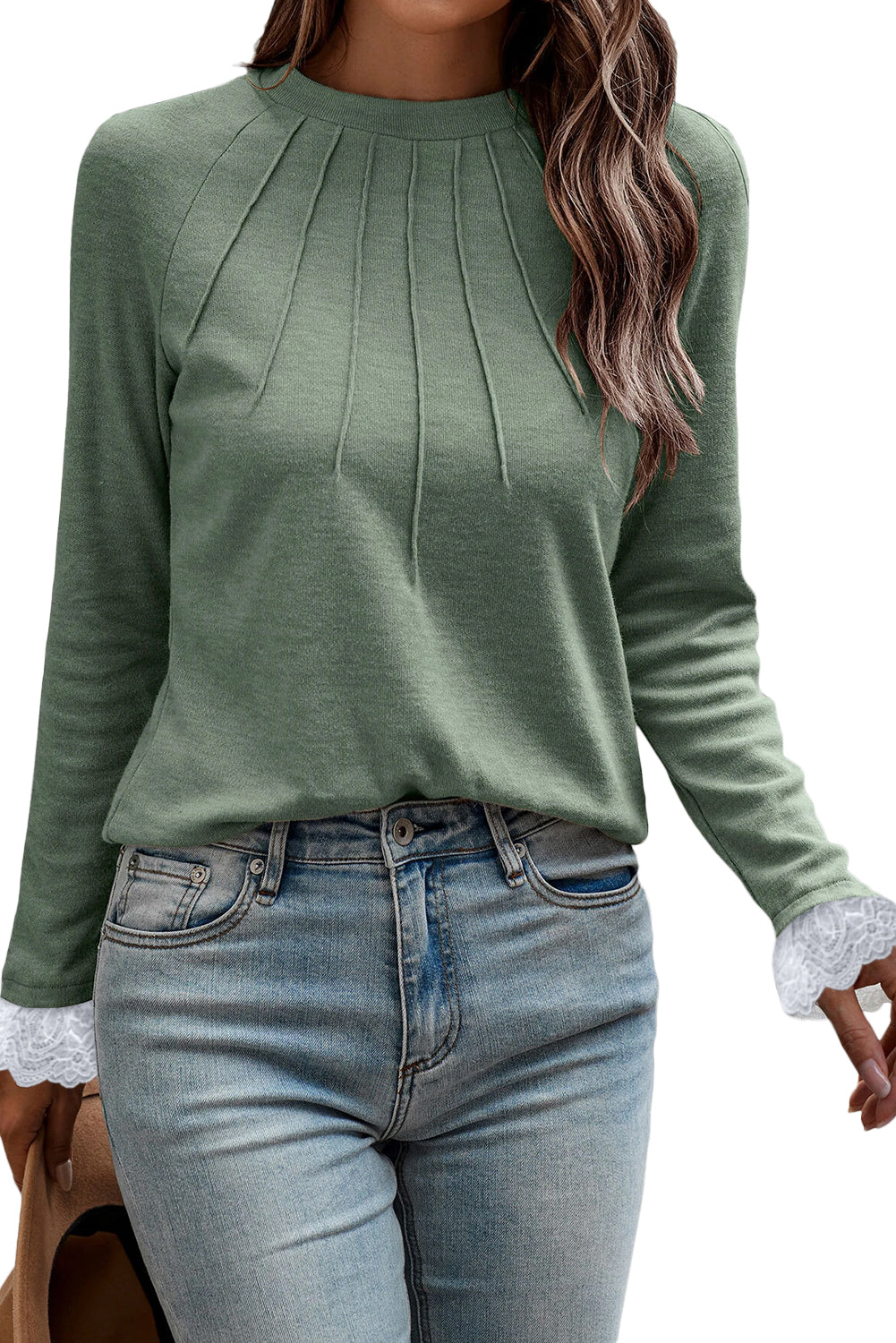 Stacey B's Parchment Seam Detail Lace Contrast Cuffs Raglan Sleeve Top