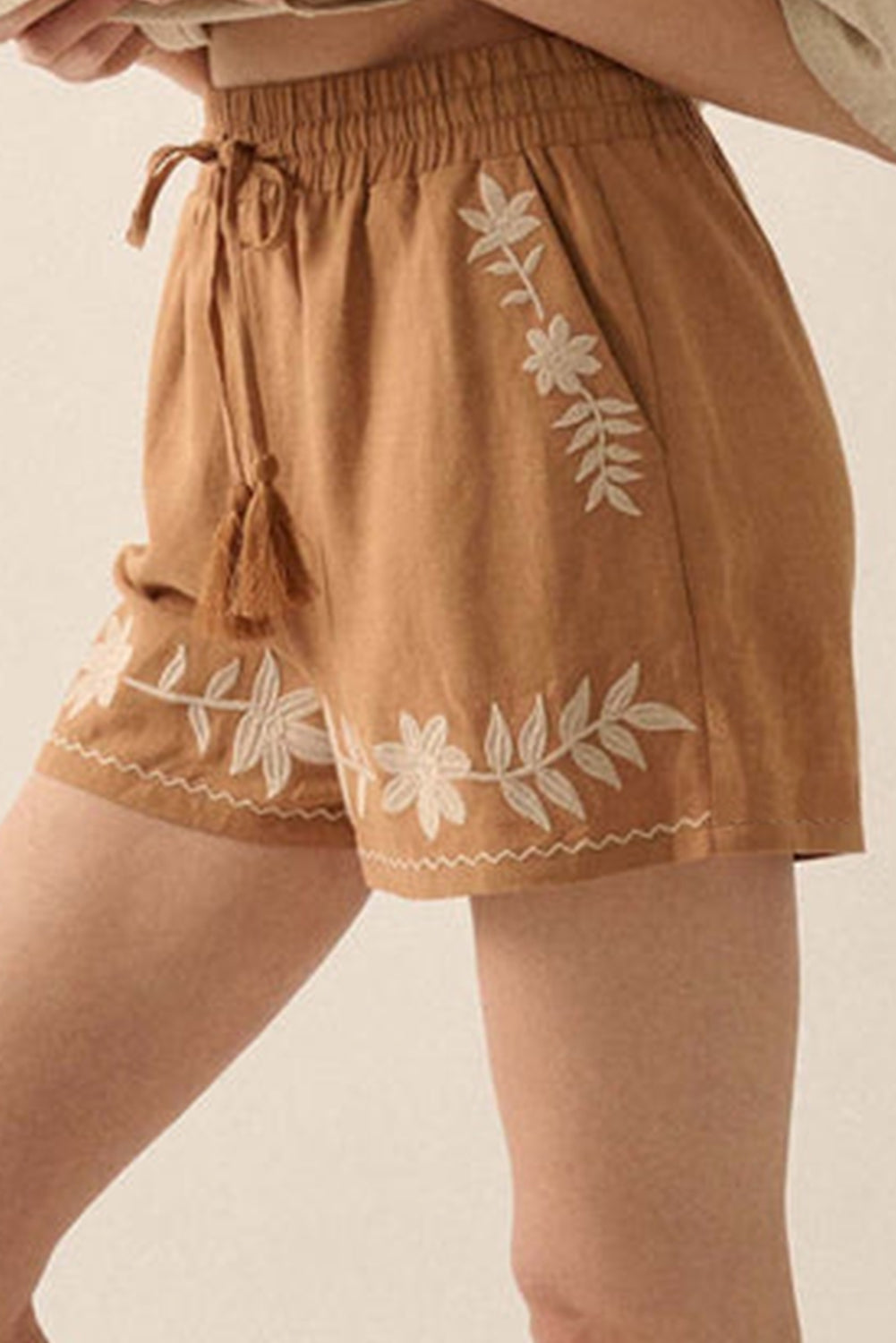 Stacey B's Khaki Embroidered Boho Tasseled Drawstring Elastic Waist Casual shorts
