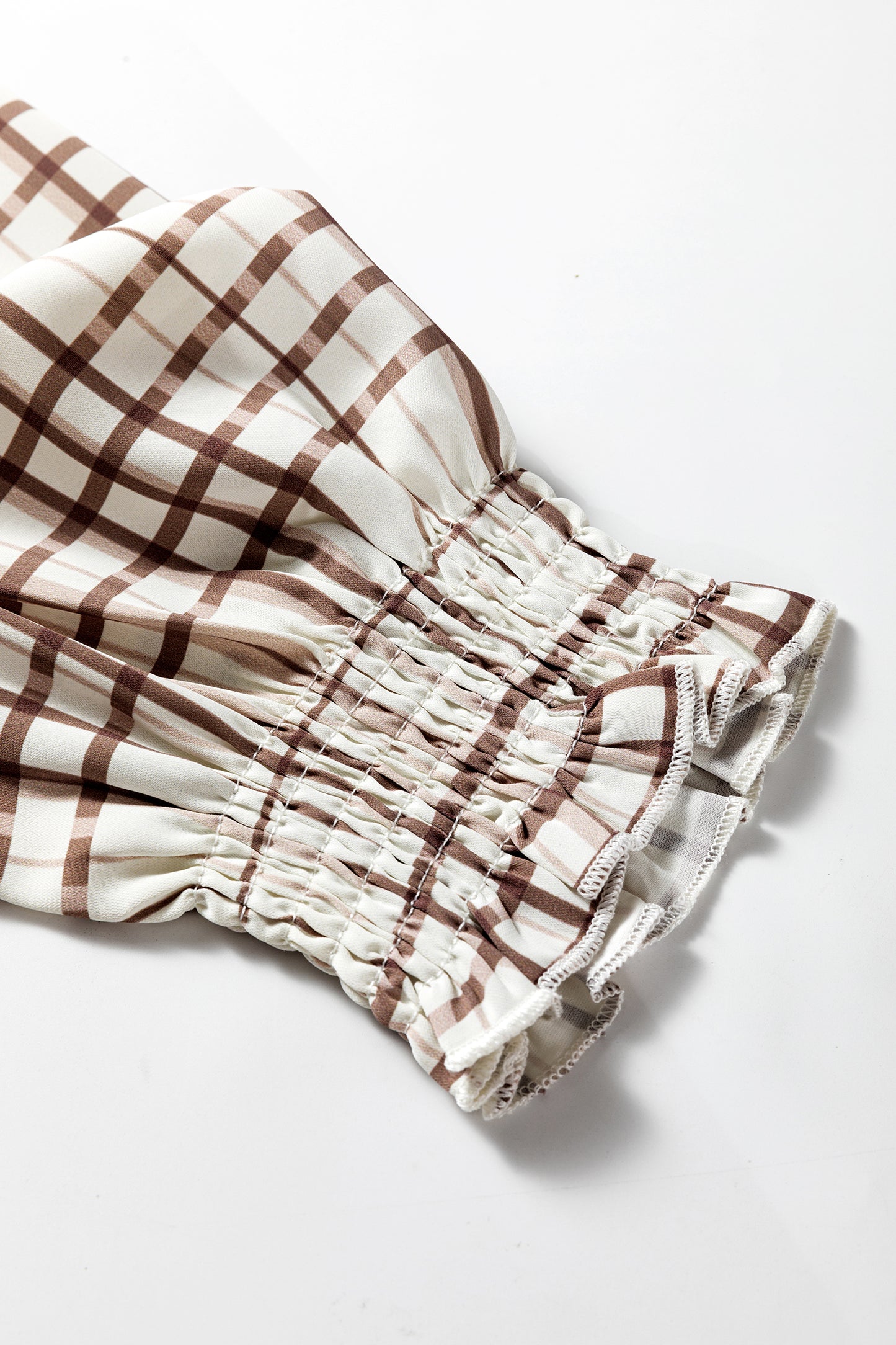 Stacey B's White Plaid Print Frilled Puffy Half Sleeve Blouse