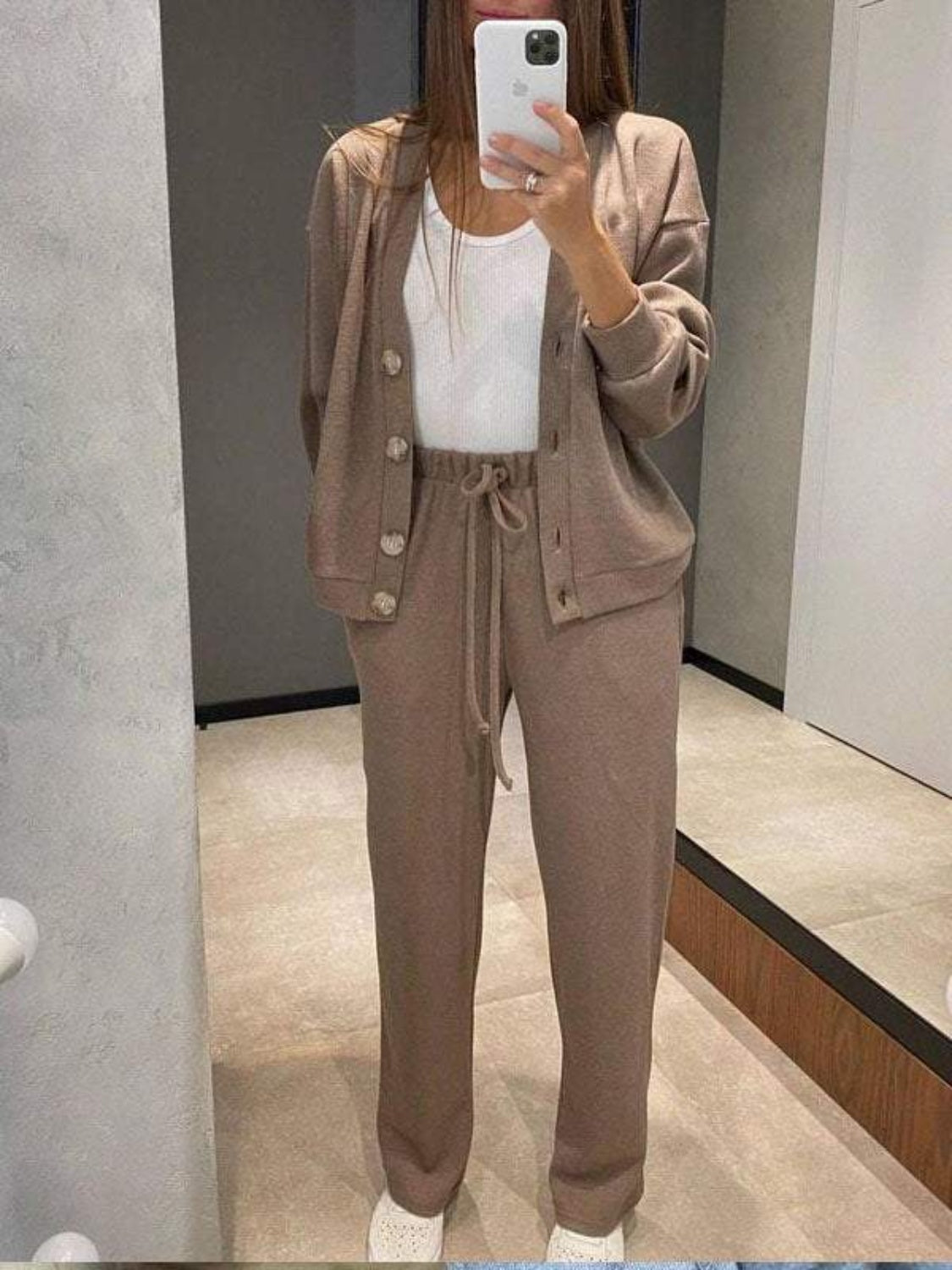 Stacey B's Full Size Button Up Long Sleeve Top and Pants Set
