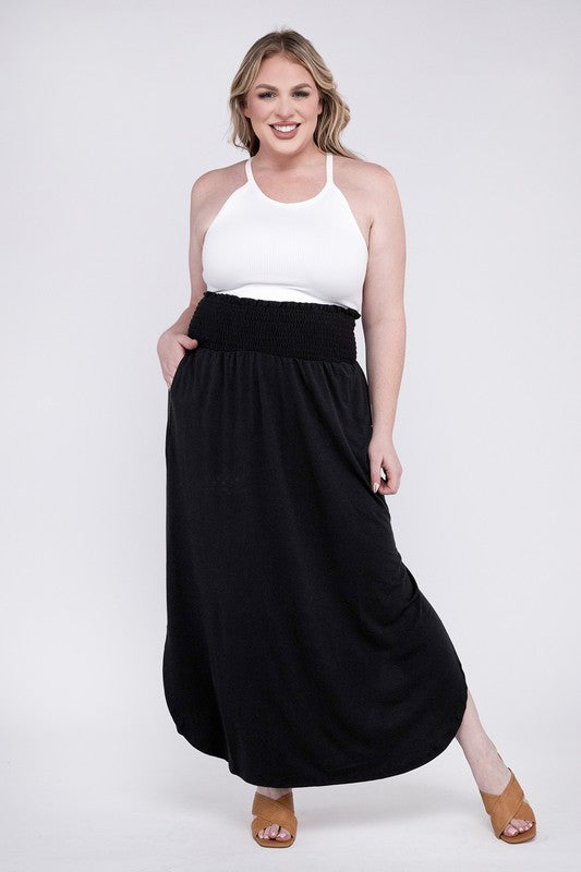Stacey B's Plus Smocked Waist Side Slit Maxi Skirt w/ Pockets