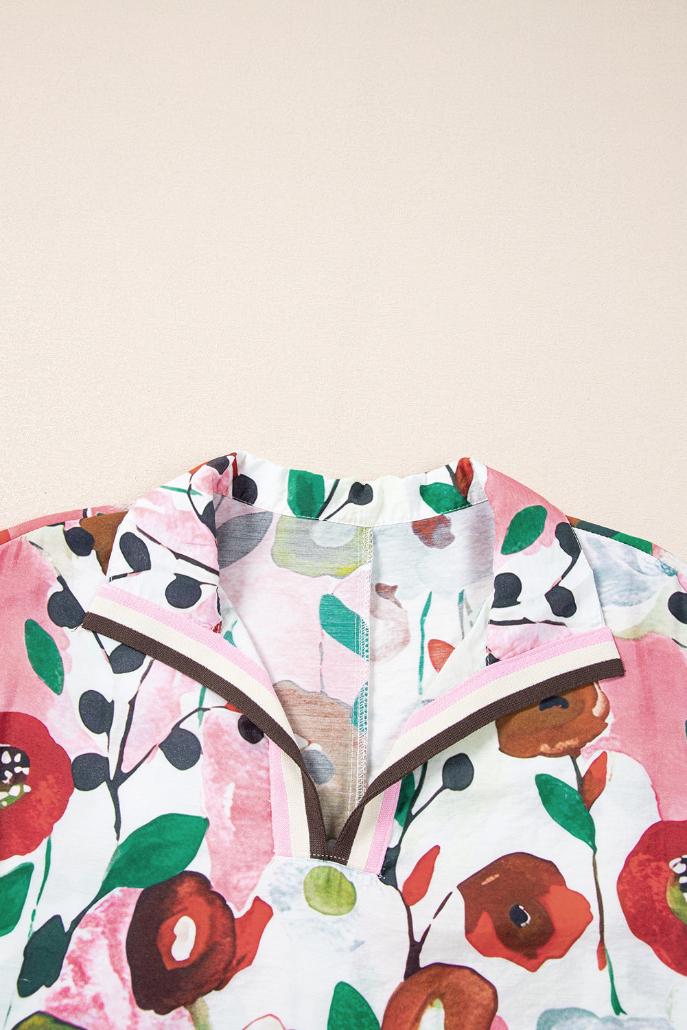 Stacey B's Pink Floral Print Slit V Neck Short Sleeve Blouse