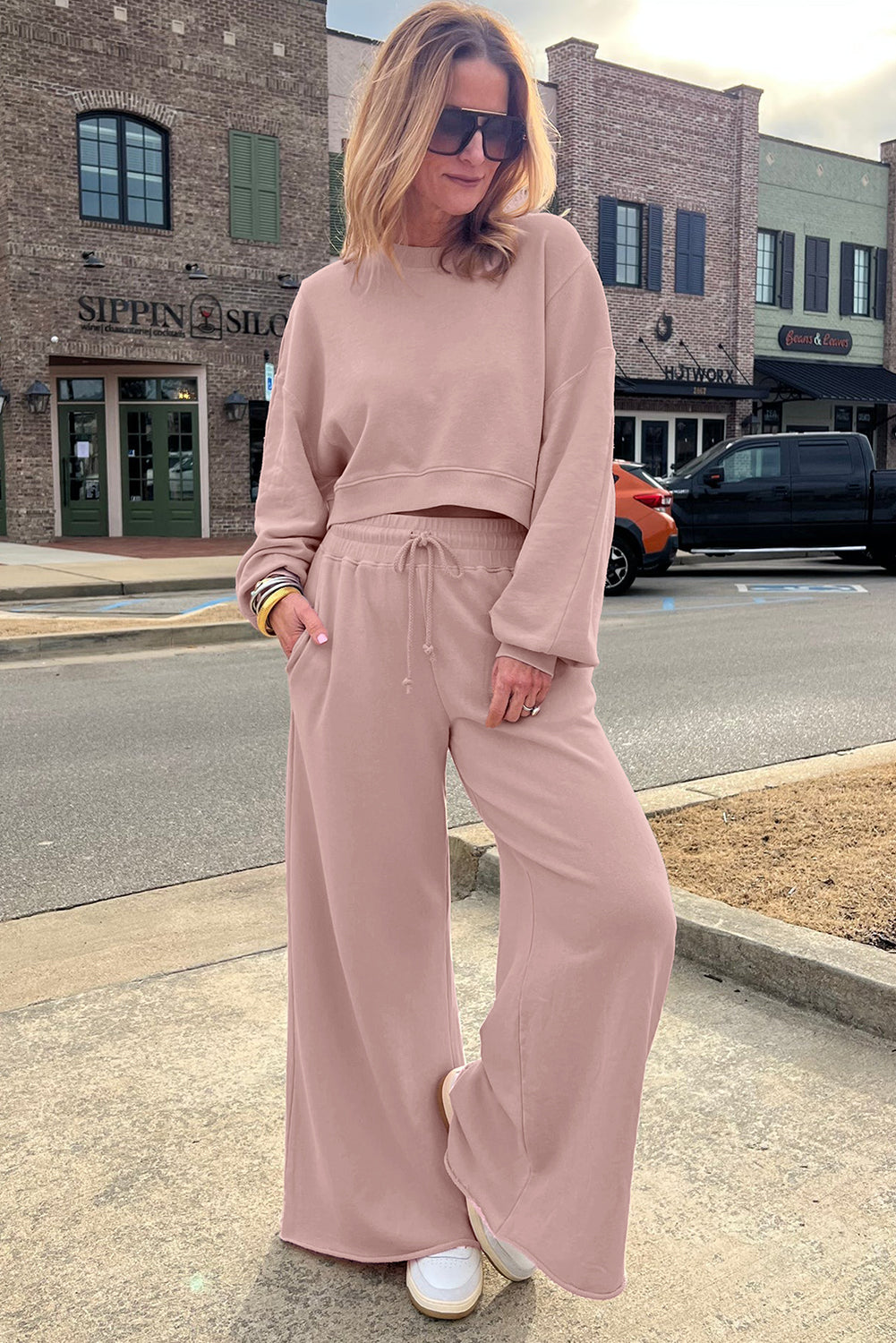Stacey B's Bright Green Drop Shoulder Crop Pullover Drawstring Wide Leg Pants Set