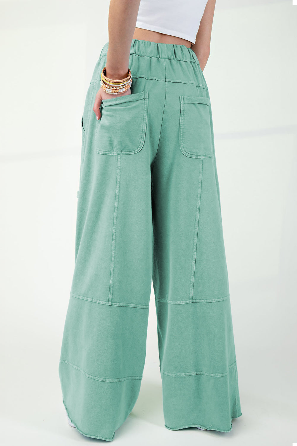 Stacey B's Mint Green Mineral Wash Exposed Seam Drawstring High Waist Wide Leg Cargo Pants