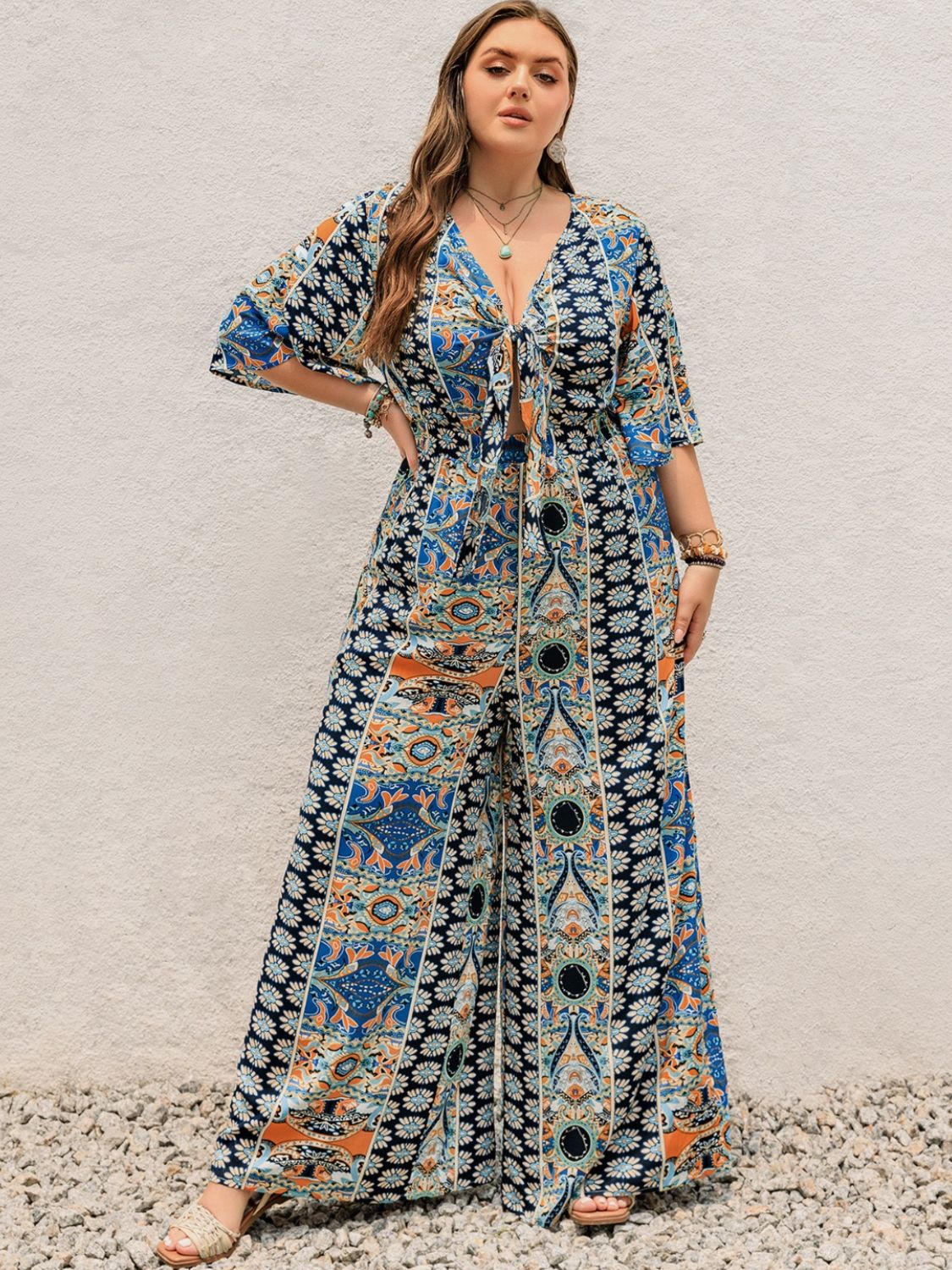 Stacey B's Printed Half Sleeve Wide Leg Jumpsuit