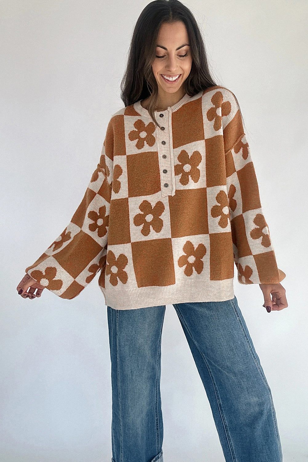 Stacey B's Black Flower Colorblock Checkered Henley Sweater