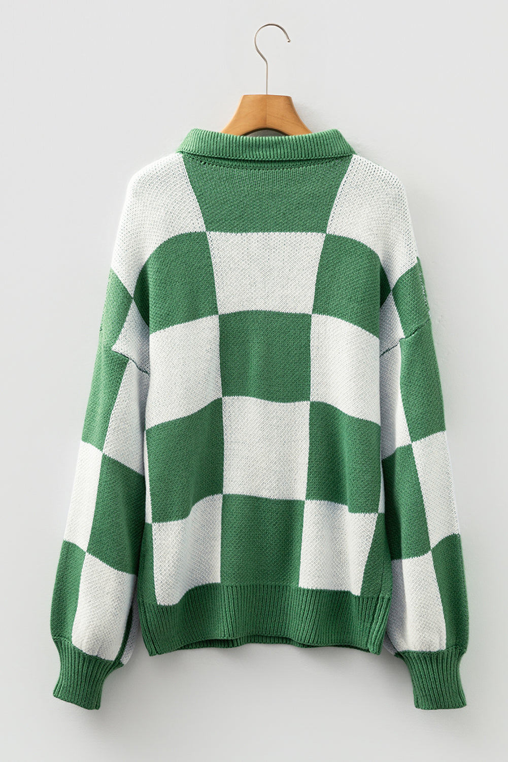 Stacey B's Mist Green Checkered Pattern Polo Collar Loose Sweater