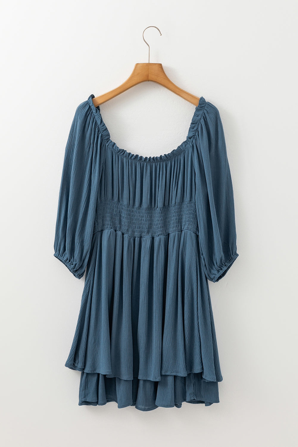 Stacey B's Real Teal Frilled Neckline 3/4 Sleeve Layered Ruched Mini Dress