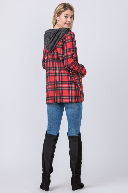 Stacey B's Hooded Plaid Trimmed Cardigan