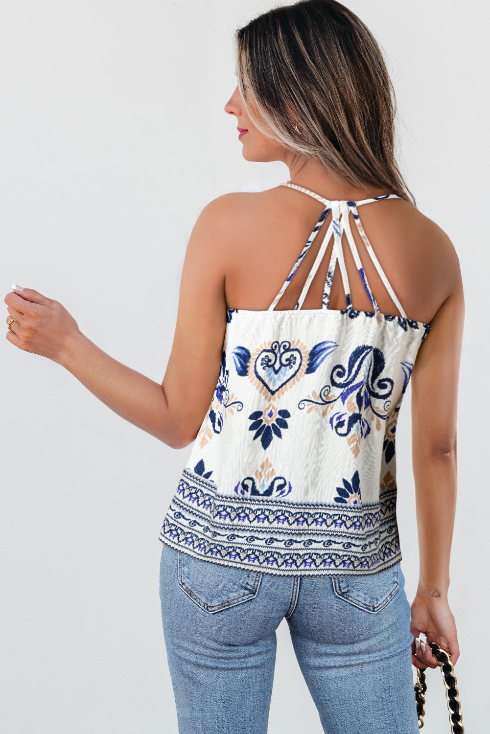 Stacey B's Blue Bohemian Fashion Print Spaghetti Straps Loose Tank