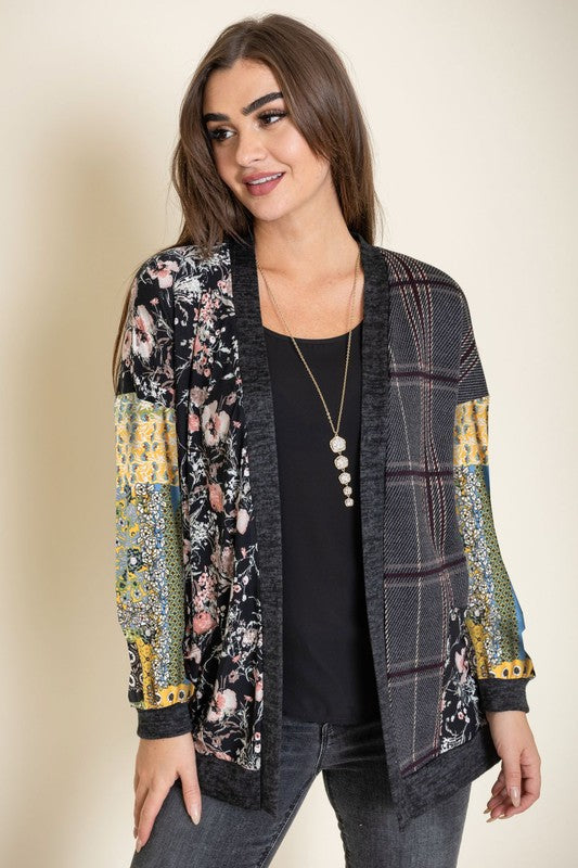 Stacey B's Mix Fabric Open Cardigan
