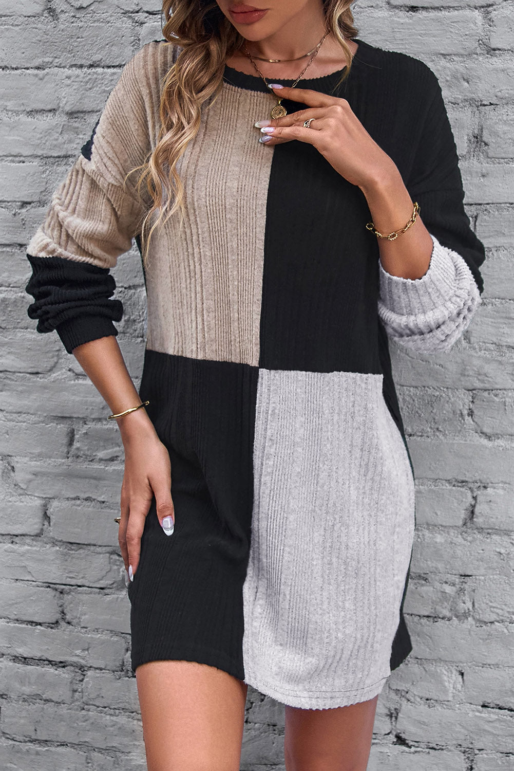 Stacey B's Ribbed Color Block Drop Shoulder Long Sleeve Mini Dress