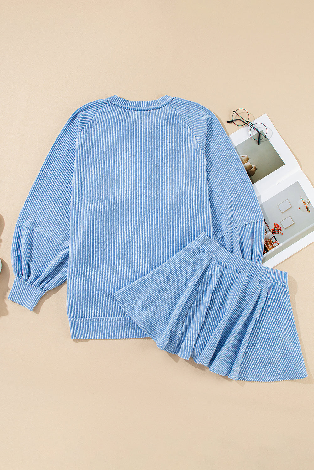 Stacey B's Jet Stream Corded Lantern Sleeve Pullover and Ruffle Mini Skirt Set