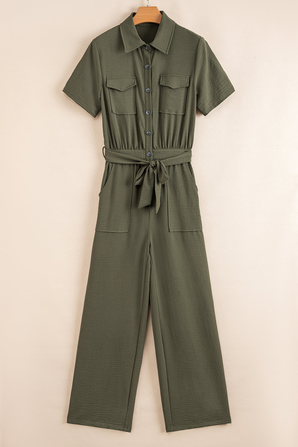 Stacey B's Moss Green Half Button Belted Utility Short Sleeve Jumpsuit