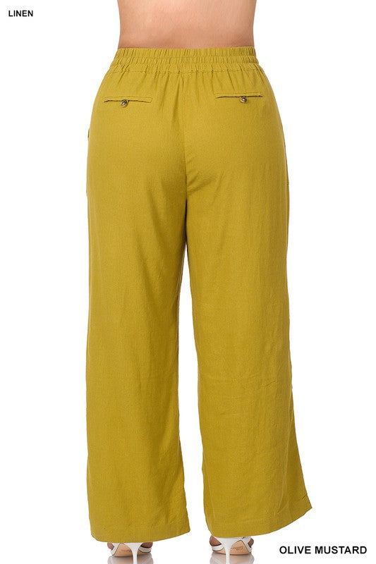 Stacey B's Plus Linen Drawstring-Waist Pants with Pockets