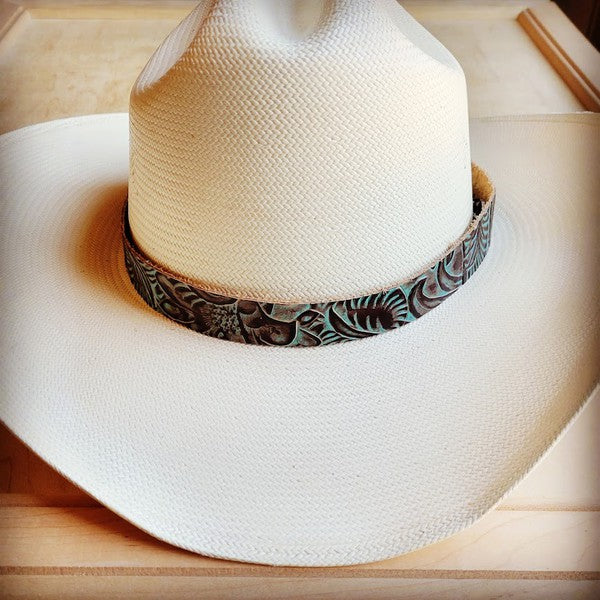 Stacey B's Brown Turquoise Floral Embossed Leather Hat Band