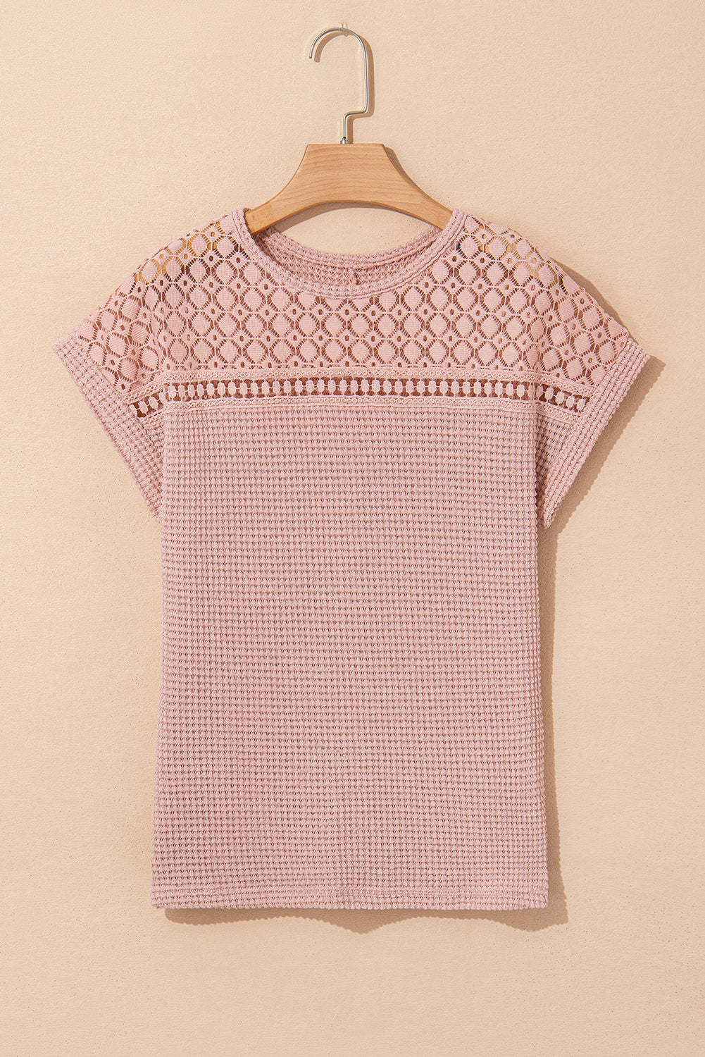 Stacey B's Light Pink Lace Patchwork Waffle Short Sleeve Top