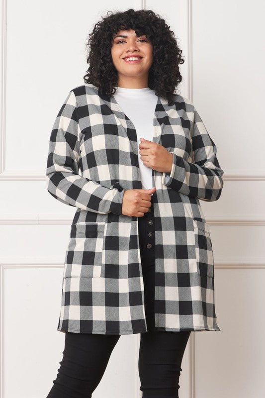 Stacey B's Long Buffalo Plaid Open Cardigan
