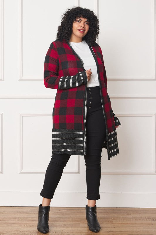 Stacey B's Long Buffalo Plaid Stripe Trim Open Cardigan