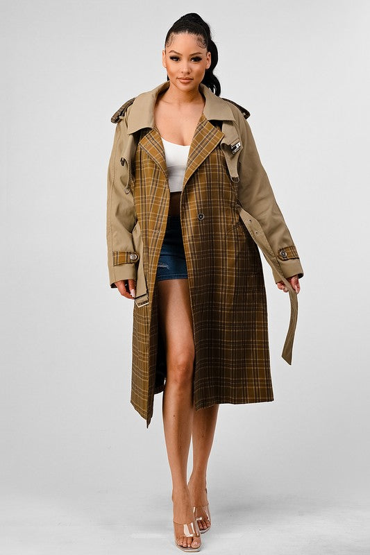 Stacey B's Athina Plaid and Khaki Contrast Trench Coat