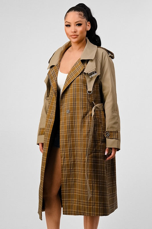 Stacey B's Athina Plaid and Khaki Contrast Trench Coat