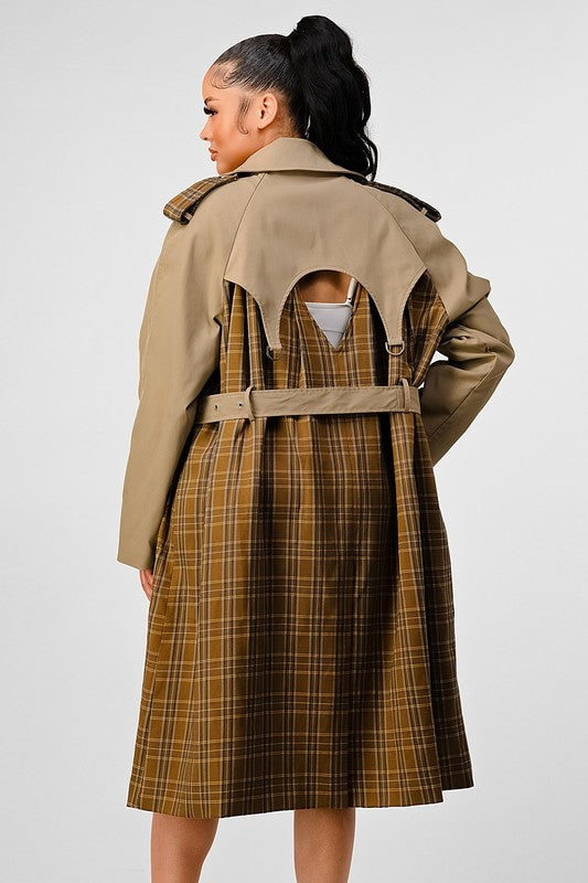 Stacey B's Athina Plaid and Khaki Contrast Trench Coat