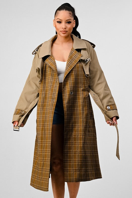 Stacey B's Athina Plaid and Khaki Contrast Trench Coat