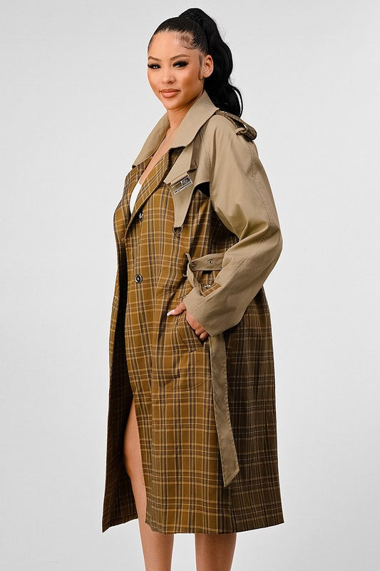 Stacey B's Athina Plaid and Khaki Contrast Trench Coat