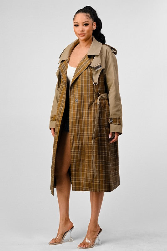 Stacey B's Athina Plaid and Khaki Contrast Trench Coat