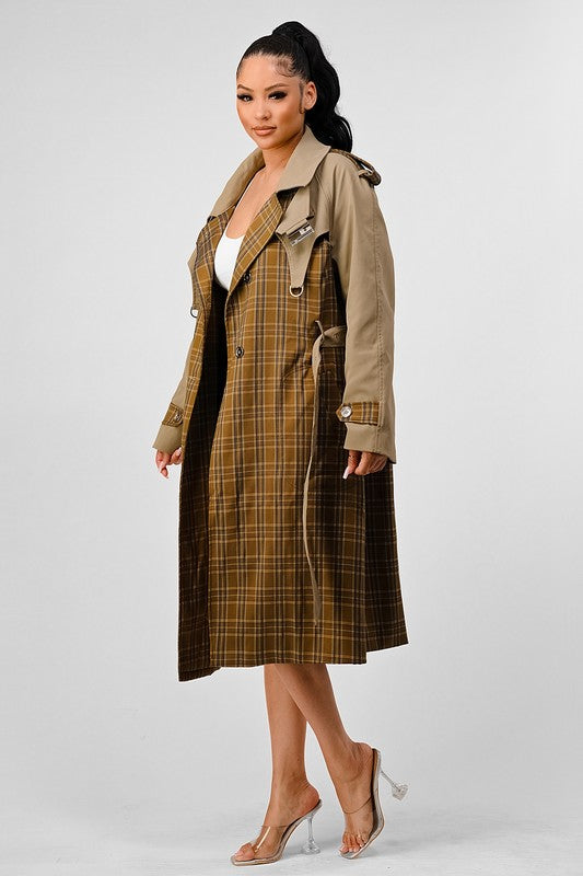 Stacey B's Athina Plaid and Khaki Contrast Trench Coat