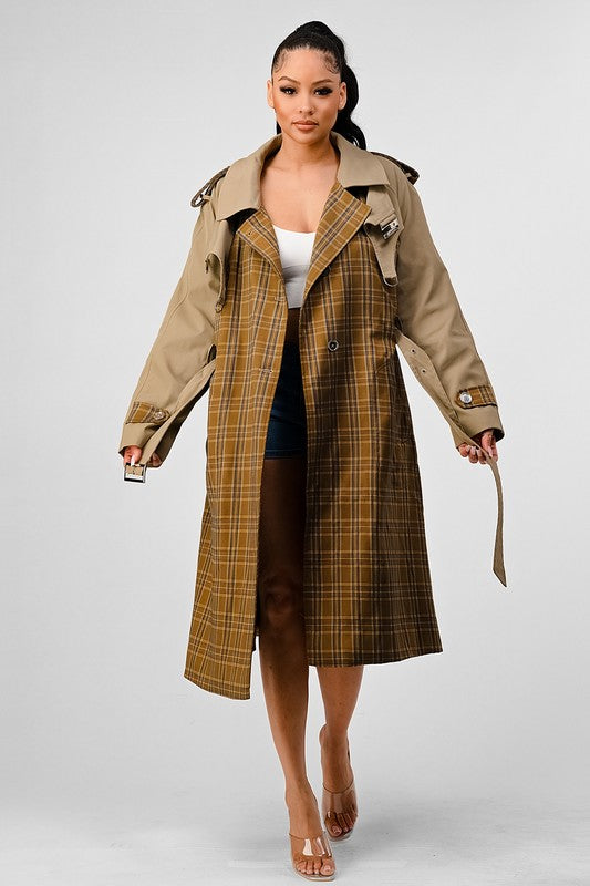 Stacey B's Athina Plaid and Khaki Contrast Trench Coat