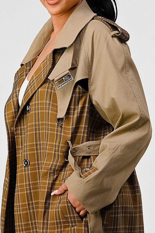 Stacey B's Athina Plaid and Khaki Contrast Trench Coat