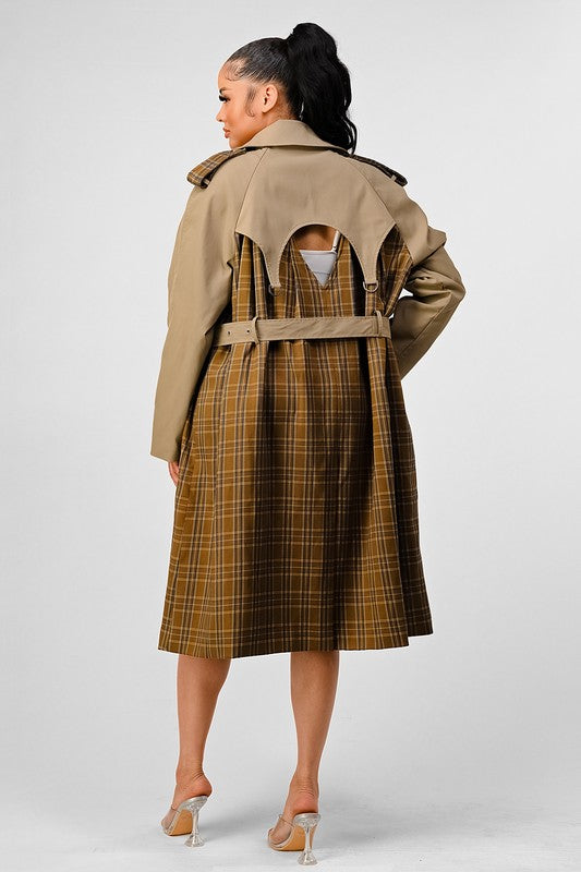 Stacey B's Athina Plaid and Khaki Contrast Trench Coat