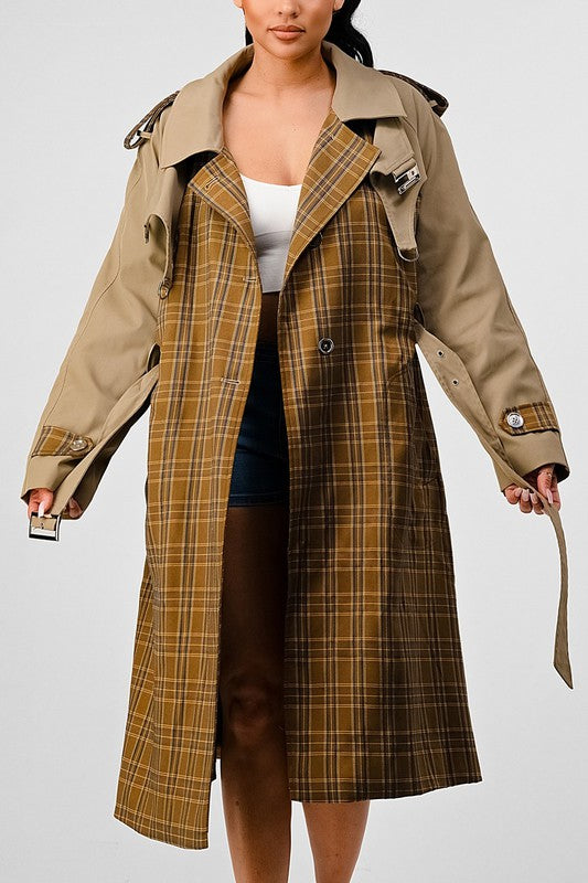 Stacey B's Athina Plaid and Khaki Contrast Trench Coat