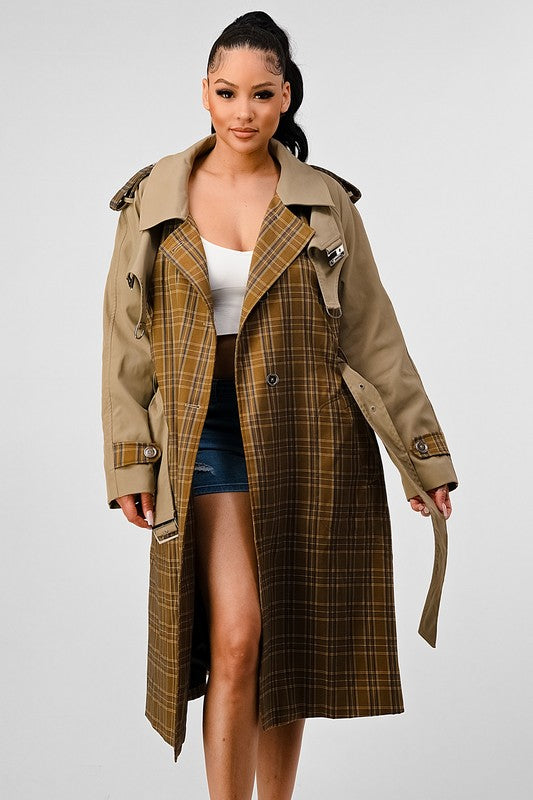 Stacey B's Athina Plaid and Khaki Contrast Trench Coat