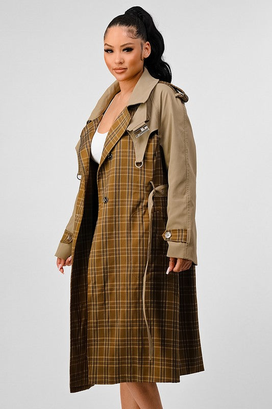 Stacey B's Athina Plaid and Khaki Contrast Trench Coat