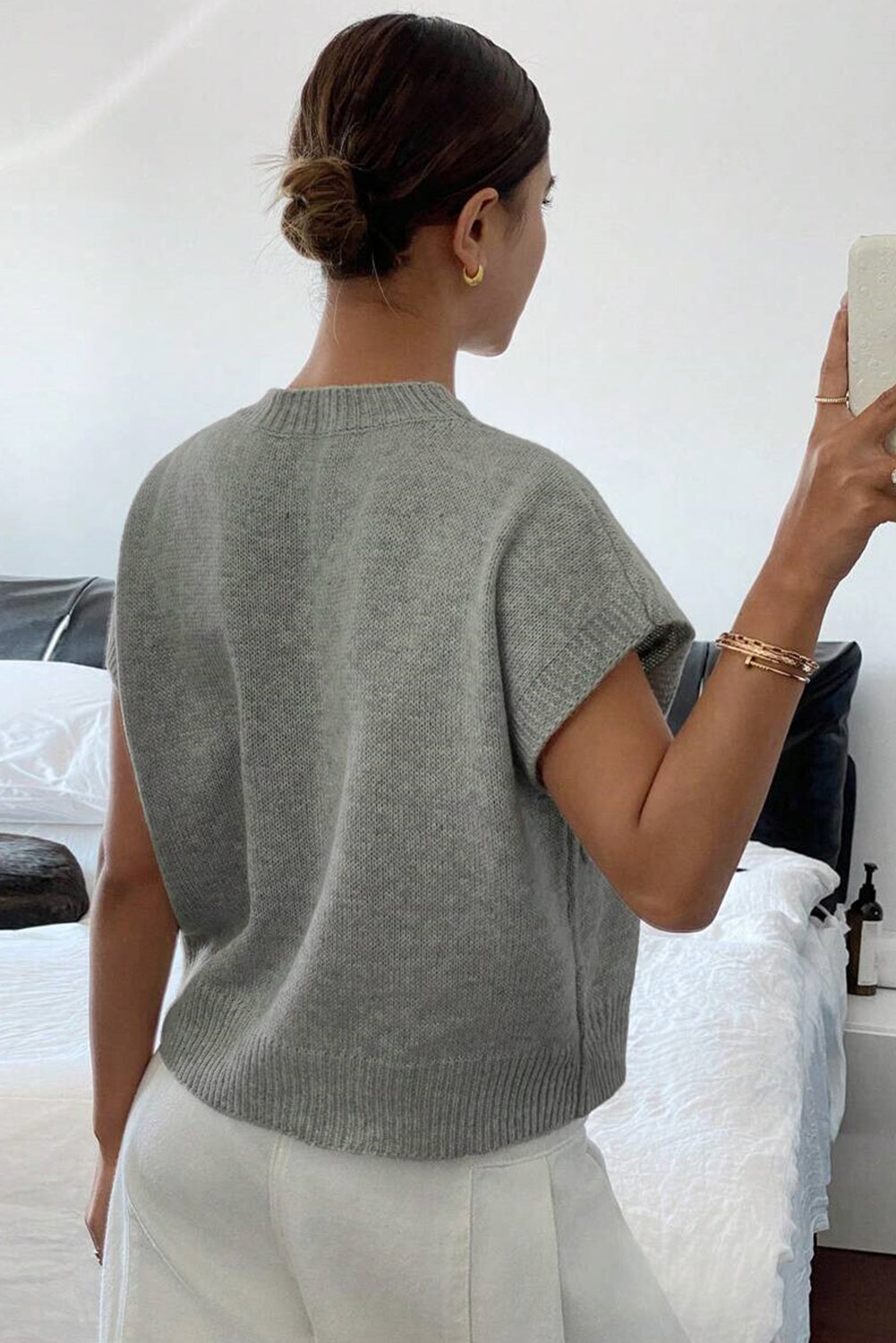Stacey B's High Flower Pattern Ribbed Trim Short Sleeve Boxy Sweater