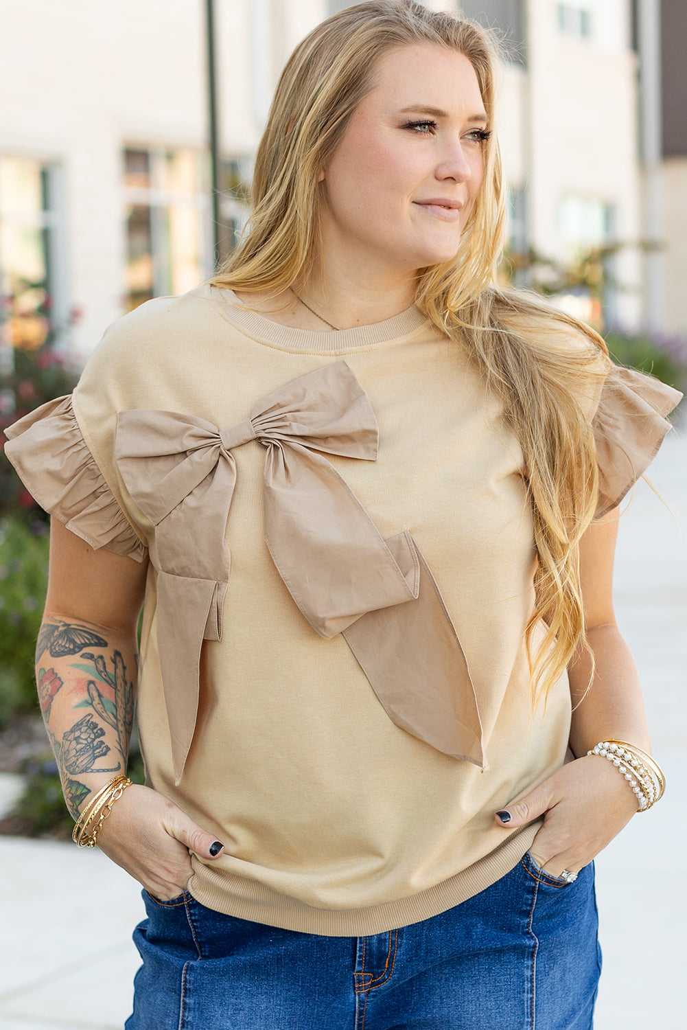 Stacey B's Parchment Ruffled Short Sleeve Bowknot Applique Crew Neck Plus Size Top