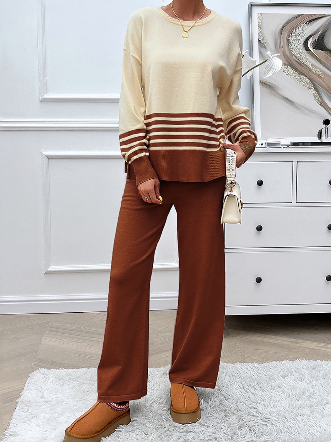 Stacey B's Devine Slit Striped Round Neck Top and Pants Sweater Set