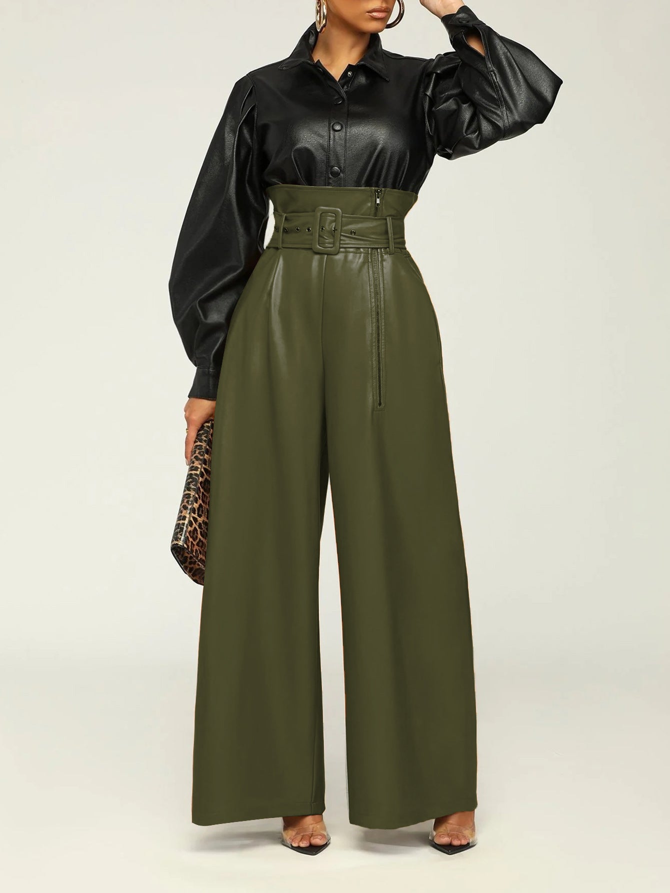 Fashion High-Waisted Long Pants for WomenStyle PU Leather Trousers with Metallic Belt, Wide Leg Pants, INS Trendy Nightclub Look