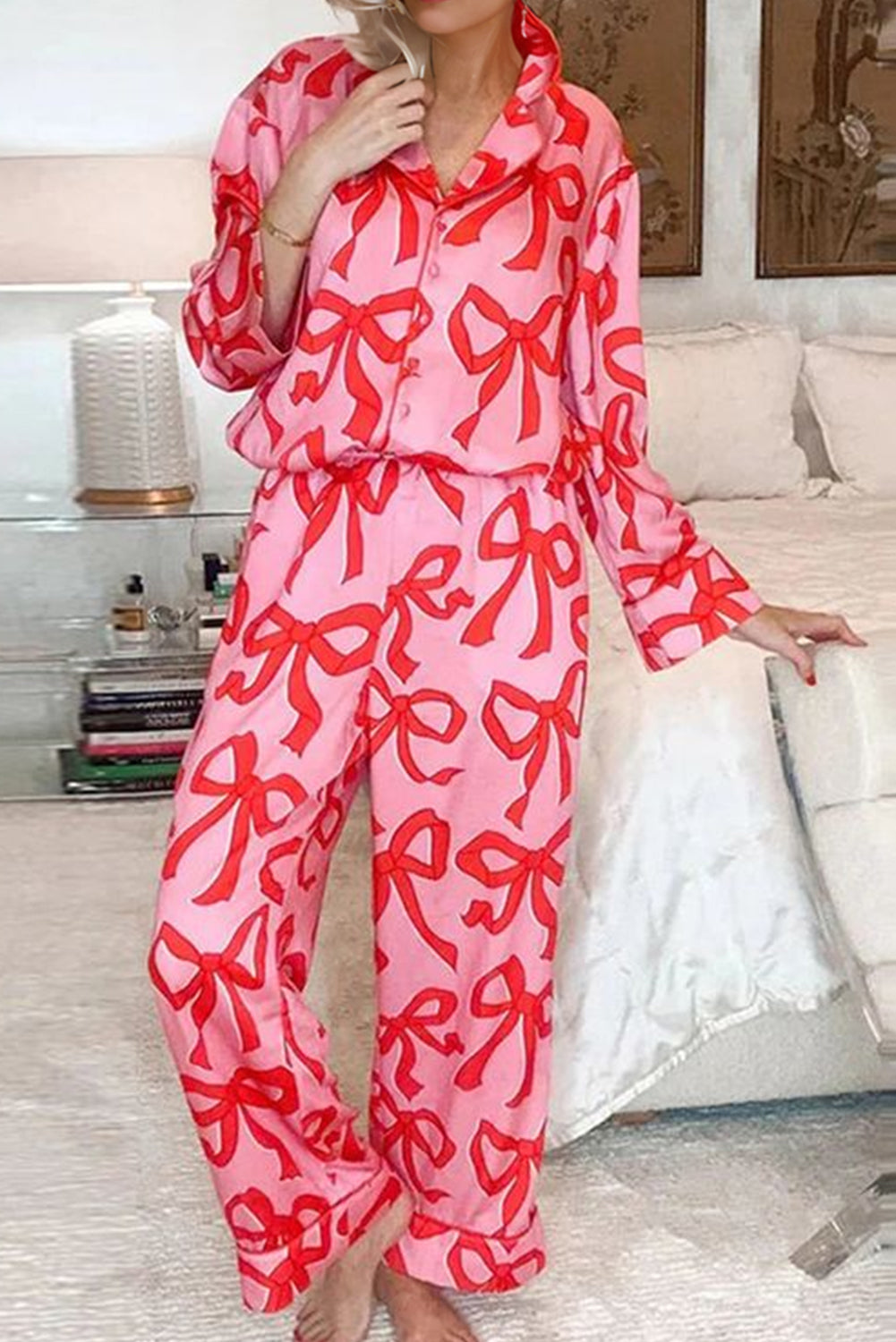 Stacey B's Pink Bow Button Up and Loose Pants Pajama Set