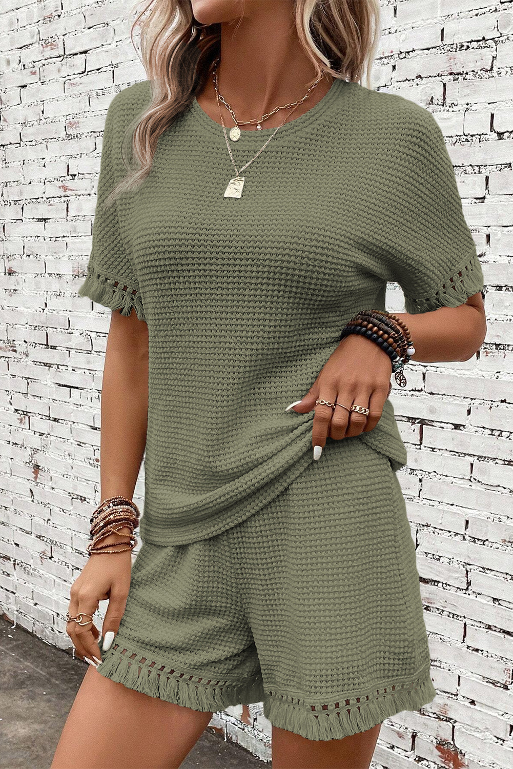 Stacey B's Beige Fringe Trim Waffle Knit Textured Shorts Set